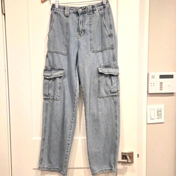Simple Society High Rise Women's Cargo Jeans Straight Leg Grunge Denim Y2K 5/27 - Picture 1 of 8